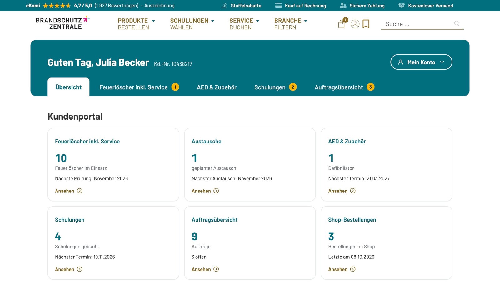 Übersicht im Kundenportal der brandschutzzentrale: Kacheln für Feuerlöscher, Austausche, AED, Schulungen, Aufträge und Shop-Bestellungen mit nächsten Terminen
